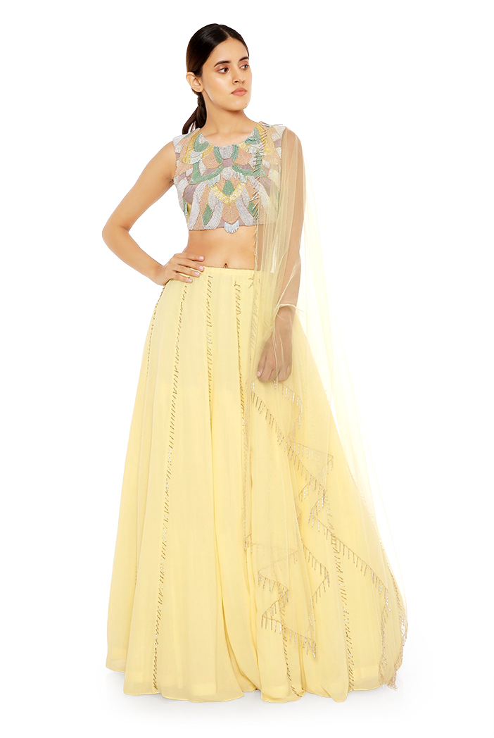 Pale Yellow Georgette Choli With Lehenga And Net Dupatta pale yellow georgette choli with lehenga and net dupatta